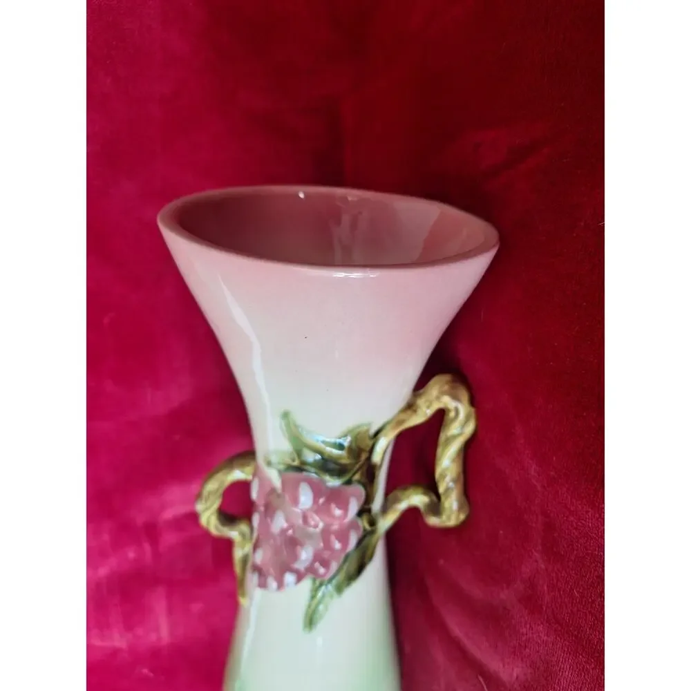 Hull Tokay Pink Green Vase #12 3D Grape Cluster Vine Handle 12